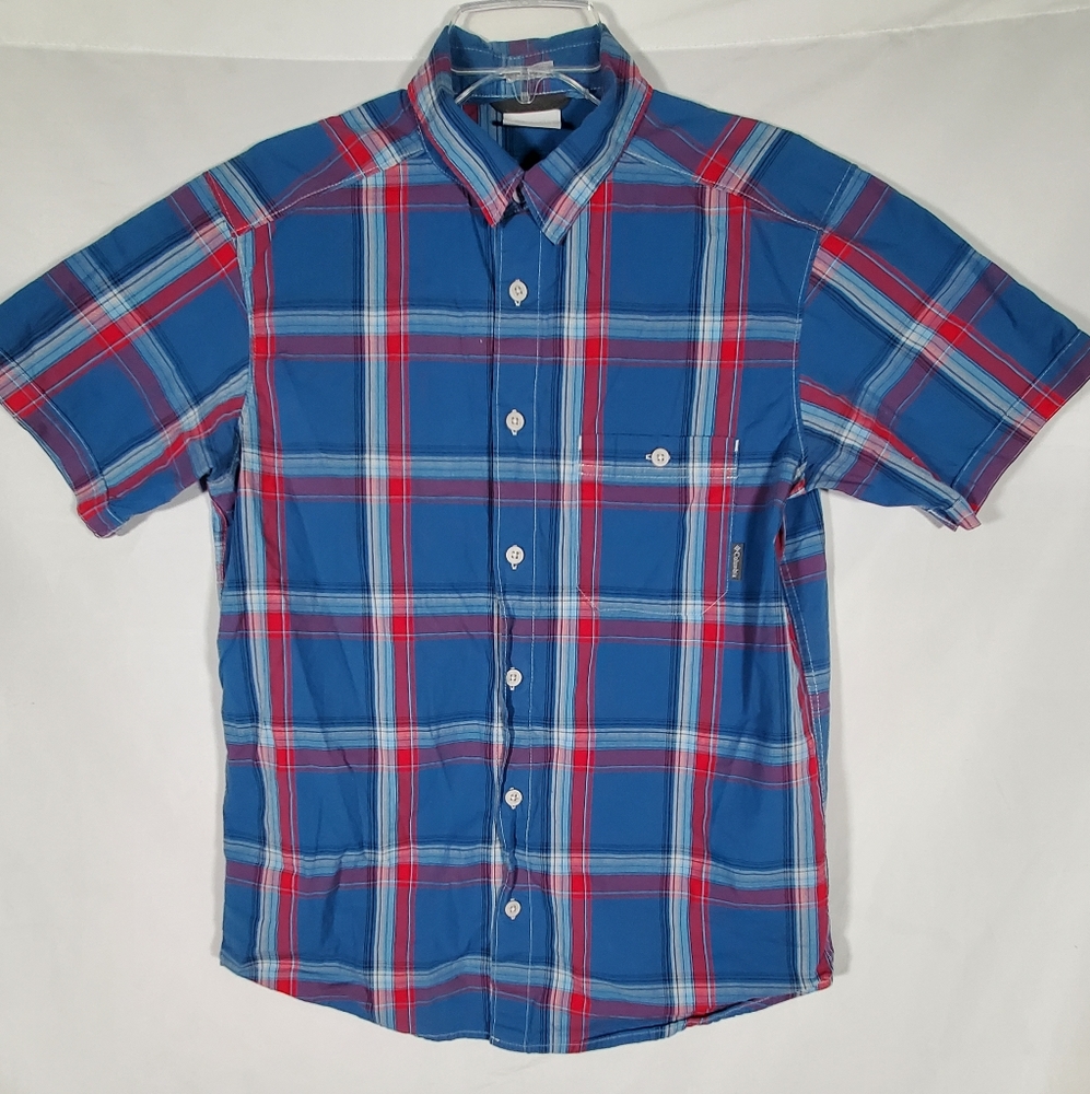 COLUMBIA BLUE W/RED STRIPES REGULAR FIT FISH HIKING OUTDOOR BUTTON UP
